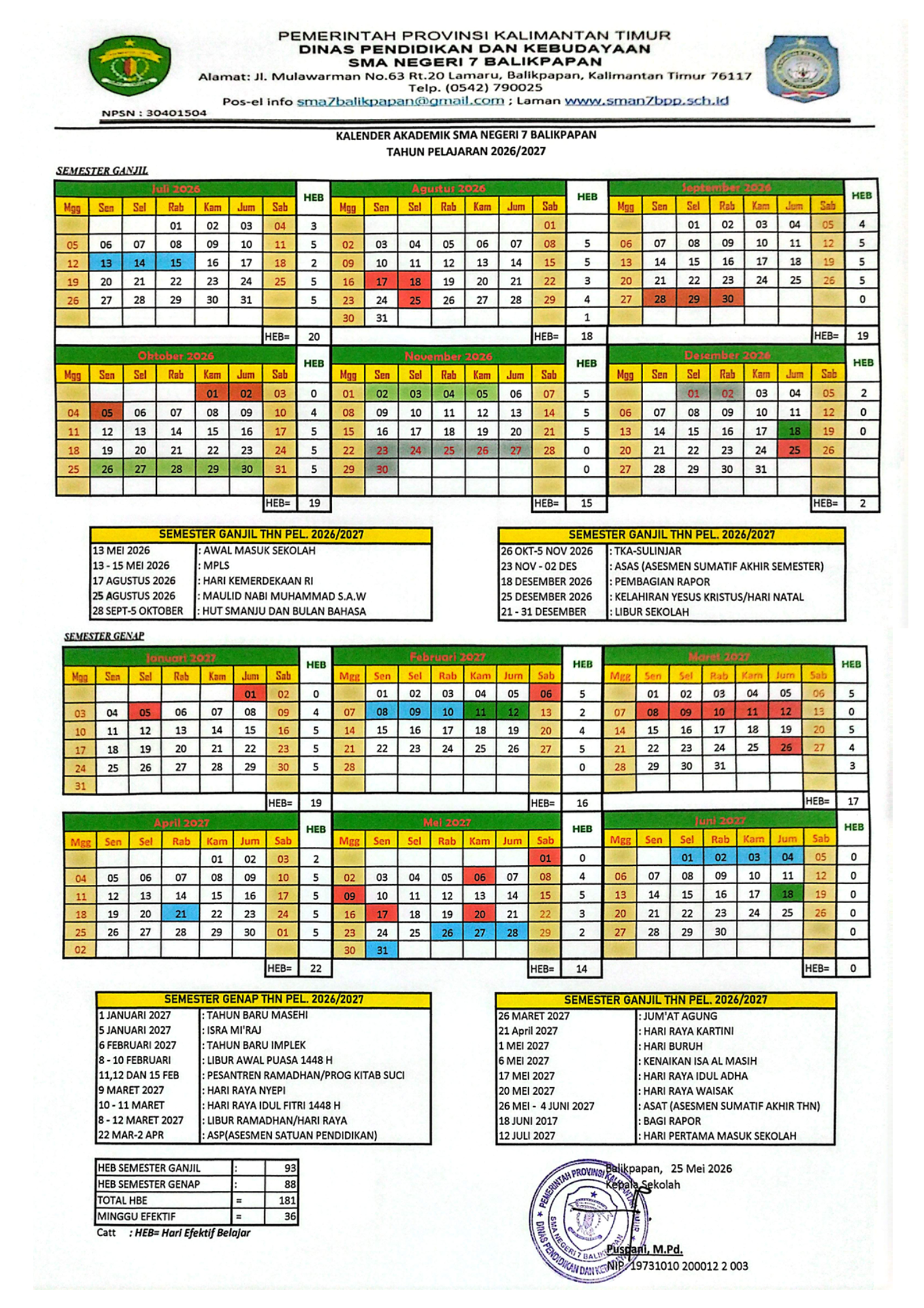 Kalender Akademik SMAN 7 Balikpapan